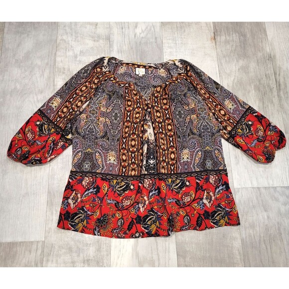 Fig & Flower Women's 2X Boho Peasant Blouse Sheer Artsy Chic Floral Colorful - Picture 1 of 6